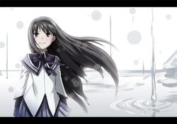  1girl akemi_homura black_hair eroquis hair_down hairband letterboxed long_hair magical_girl mahou_shoujo_madoka_magica skirt solo tears very_long_hair 