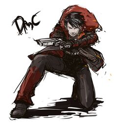 1boy black_hair cigarette dante devil_may_cry dmc:_devil_may_cry dual_wielding eroquis fingerless_gloves gloves gun jacket one_knee pistol rough short_hair smoking solo trigger_discipline weapon 