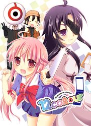  amano_yukiteru bow cellphone dress eyepatch gasai_yuno gloves gothic_lolita hat hirasaka_yomotsu jacket knife lolita_fashion mirai_nikki phone pink_eyes pink_hair purple_eyes purple_hair ribbon smile teardrop uryuu_minene v violet_eyes 