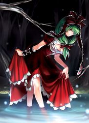  bow breasts cleavage dress dress_lift front_ponytail green_eyes green_hair hair_bow hair_ornament hair_ribbon irua kagiyama_hina leaning_forward long_hair red_dress ribbon skirt_hold smile solo touhou wading water 