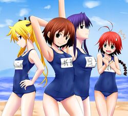  4girls arms_up beach blonde_hair blue_eyes botsu_kyara braid breast_envy brown_eyes brown_hair character_request goshiki_agiri green_eyes highres kill_me_baby long_hair multiple_girls oribe_yasuna red_hair redhead school_swimsuit short_hair sonya_(kill_me_baby) swimsuit twintails unused_character watarui 