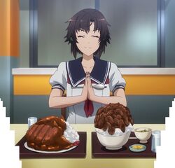  bowl brown_hair curry eyes_close food glass highres masaki_nonoka meat photokano praying rice school_uniform screencap spoon tray water 
