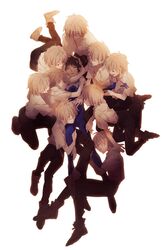  6+boys brown_hair clone closed_eyes highres ikari_shinji multiple_boys nagisa_kaworu neon_genesis_evangelion plugsuit red_eyes school_uniform short_hair smile white_hair 