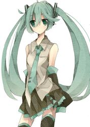  1girl detached_sleeves green_eyes green_hair hakui hatsune_miku long_hair necktie skirt solo thigh-highs twintails very_long_hair vocaloid white_background 