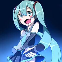 1girl aqua_eyes aqua_hair blush_stickers detached_sleeves fang fuu_(07199382) hatsune_miku headphones long_hair microphone necktie open_mouth skirt solo twintails very_long_hair vocaloid 