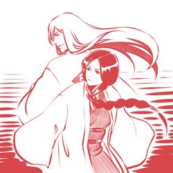  1girl back-to-back bleach braid front_braid front_ponytail japanese_clothes kimono ktsis long_hair monochrome overcoat red single_braid ukitake_juushirou ukitake_jyuushirou unohana_retsu 