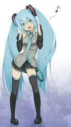  1girl aqua_hair boots detached_sleeves fang green_eyes hatsune_miku head_tilt headset highres kaiyugyo long_hair musical_note necktie open_mouth skirt solo thigh-highs thigh_boots twintails very_long_hair vocaloid 