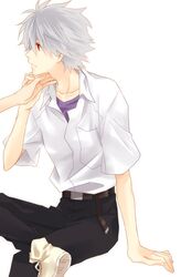  1boy crossed_legs evangelion:_3.0_you_can_(not)_redo hand_on_another's_neck nagisa_kaworu neon_genesis_evangelion rebuild_of_evangelion red_eyes sagari24 silver_hair sitting smile 