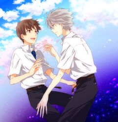  2boys brown_eyes brown_hair clouds evangelion:_3.0_you_can_(not)_redo ikari_shinji multiple_boys nagisa_kaworu neon_genesis_evangelion petals rebuild_of_evangelion red_eyes sagari24 silver_hair smile tears 