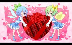  bad_id blue_dress blue_eyes blue_hair blush boots bow capelet chibi cirno daiyousei dress fang gift green_eyes green_hair hair_bow hair_ornament hairclip heart jigatei_(omijin) letterboxed multiple_girls omijin open_mouth shirt side_ponytail smile touhou valentine wings wink 