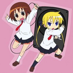 brown_hair kill_me_baby knife microphone oribe_yasuna school_uniform sonya_(kill_me_baby) 