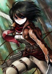  1girl black_hair blue_eyes boots forest highres jacket long_sleeves mikasa_ackerman nature pants scarf shingeki_no_kyojin short_hair solo sword tari thigh_strap three-dimensional_maneuver_gear tree weapon 