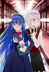  alternate_costume blue_hair blush bow braid food fruit hair_bow hairband hinanawi_tenshi izayoi_sakuya long_hair multiple_girls peach purple_eyes red_eyes school_uniform touhou twin_braids very_long_hair violet_eyes white_hair yamada_ranga 