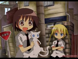  artist_request blonde_hair blue_eyes brown_eyes brown_hair cat kill_me_baby long_hair multiple_girls necktie oribe_yasuna school_uniform short_hair sonya_(kill_me_baby) translated translation_request twintails 