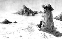  absurdres food from_behind fruit highres hinanawi_tenshi long_hair monochrome peach tagme touhou 