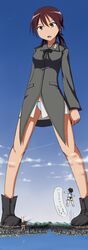  absurdres brown_eyes brown_hair city cloud destruction gertrud_barkhorn giantess hanna-justina_marseille highres long_hair looking_down military military_uniform miyafuji_yoshika mountain multiple_girls necktie panties pigeon-toed sky strike_witches terada_ochiko translated translation_request twintails underwear uniform 