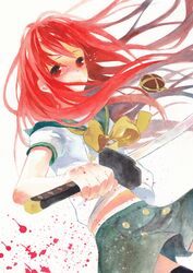  blood jewelry long_hair midriff moekon necklace red_eyes red_hair redhead school_uniform serafuku shakugan_no_shana shana skirt solo sword tears thigh-highs thighhighs weapon 