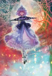  breasts butterfly fan floating folding_fan full_moon hat heiyuen highres japanese_clothes moon night open_mouth pink_hair red_eyes ribbon saigyouji_yuyuko short_hair smile solo touhou tree triangular_headpiece 