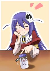  blush brown_hair choker closed_eyes er34skyline eyes_closed glasses hair_ornament haqua_du_lot_herminium highres jar kami_nomi_zo_shiru_sekai katsuragi_keima long_hair open_mouth short_hair skull_hair_ornament smile 
