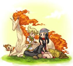  1girl bag beanie blonde_hair blue_hair chimchar hair_ornament hairclip hat hikari_(pokemon) jun_(pokemon) long_hair orange_eyes pinkish pokemon pokemon_(game) pokemon_dppt poketch purple_eyes rapidash scarf seiza sitting skirt sleeveless sleeveless_shirt smile violet_eyes watch wristwatch 