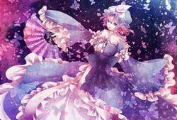 butterfly fan folding_fan hat kyoma_(yellowxcake) petals pink_eyes pink_hair ribbon saigyouji_yuyuko short_hair smile solo touhou triangular_headpiece 