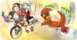  baseball_cap bicycle bird black_hair crobat crystal_(pokemon) gold_(pokemon) gold_(pokemon)_(classic) hat ho-oh holding ledian nishizawa pokemon pokemon_(game) pokemon_gsc twintails 