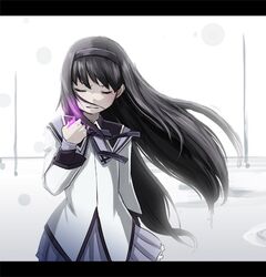  1girl akemi_homura black_hair clenched_hand closed_eyes eroquis hair_down hairband letterboxed long_hair lowres magical_girl mahou_shoujo_madoka_magica skirt solo soul_gem very_long_hair 
