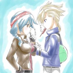  asemu_asuno belt blonde_hair blue_eyes blue_hair braid breast_grab breasts brown_eyes gundam gundam_age hand_on_hip haro headband jacket single_braid tomboy watarui 