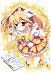  blonde_hair boots cure_peace double_v dress earrings frills frown highres jewelry kise_yayoi long_hair magical_girl precure raiou sketchbook skirt smile_precure! solo tears v wavy_mouth wrist_cuffs yellow_background yellow_dress yellow_eyes 