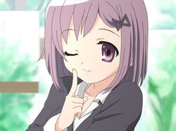  asahina_mikuru gotou_yuuko kaname_junko mahou_shoujo_madoka_magica parody purple_eyes purple_hair seiyuu_connection shirosato short_hair solo style_parody suzumiya_haruhi_no_yuuutsu violet_eyes wink 