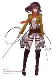  black_eyes black_hair boots dual_wielding jacket mikasa_ackerman scarf shingeki_no_kyojin sword thigh_strap weapon yunafezeria 