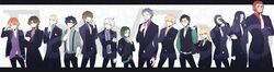  6+boys absurdres ahoge assassin_(fate/zero) beard belt berserker_(fate/zero) black_hair blonde_hair brown_hair caster_(fate/zero) crossed_arms emiya_kiritsugu everyone facial_hair fate/zero fate_(series) formal gilgamesh gloves grin hair_over_one_eye hand_in_pocket highres jewelry kayneth_archibald_el-melloi kotomine_kirei lancer_(fate/zero) letterboxed lineup long_hair mask matou_kariya multiple_boys necktie pose rider_(fate/zero) ring saber short_hair smile suit suspenders title_drop tohsaka_tokiomi toosaka_tokiomi uryuu_ryuunosuke vest waistcoat watermark waver_velvet white_gloves yukihime_(mofumofu2225) 