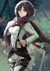  belt black_eyes black_hair jacket liuruoyu8888 mikasa_ackerman scarf shingeki_no_kyojin sword thigh_strap weapon 