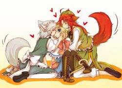  ahoge alice_margatroid animal_ears black_legwear blonde_hair blue_eyes blue_hair boots braid capelet cat_ears cat_tail closed_eyes cross-laced_footwear dog_ears dog_tail eyes_closed hairband hat heart hong_meiling hug inu_sakuya izayoi_sakuya jpeg_artifacts kemonomimi_mode kiss kneeling lace-up_boots long_hair maid maid_headdress multiple_girls pantyhose red_hair redhead short_hair silver_hair sitting smile tail touhou wariza yuri yuuta_(monochrome) 