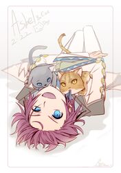  asbel_lhant blue_eyes cat character_name coat male pants purple_hair retpa smile solo tales_of_(series) tales_of_graces white_background 