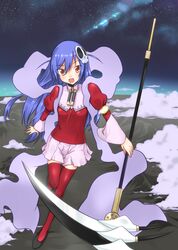  blush chain chains choker hair_ornament haqua_du_lot_herminium highres kami_nomi_zo_shiru_sekai long_hair open_mouth purple_hair red_eyes scythe skirt skull skull_hair_ornament sky star_(sky) starry_sky thigh-highs thighhighs yuto zettai_ryouiki 