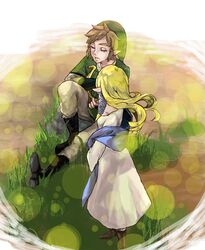  blonde_hair closed_eyes eyes_closed gloves harp hat instrument link long_hair nintendo pointy_ears princess_zelda skyward_sword the_legend_of_zelda warami 