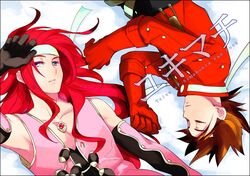  blue_eyes brown_hair closed_eyes coat eyes_closed gloves headband lloyd_irving long_hair male multiple_boys oirbme red_hair redhead tales_of_(series) tales_of_symphonia title_drop white_background zelos_wilder 