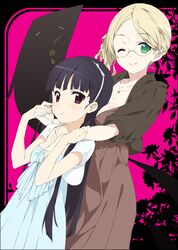  between_breasts black_hair blonde_hair blush breasts dress glasses green_eyes hairband hand_holding holding_hands inu_x_boku_ss ittan_momen jacket jewelry long_hair looking_at_viewer mizuki_makoto multiple_girls nail_polish necklace ponytail purple_eyes shirakiin_ririchiyo side_ponytail smile sorinozuka_renshou violet_eyes wink yukinokouji_nobara 
