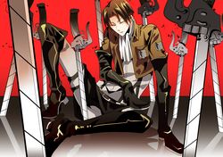  1boy 1girl belt black_hair boots jacket levi_(shingeki_no_kyojin) shingeki_no_kyojin short_hair solo susugu1214 sword tagme thigh_strap three-dimensional_maneuver_gear weapon yellow_eyes 