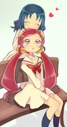  ^_^ between_thighs blue_hair blush closed_eyes eyes_closed hanasaki_tsubomi heart heartcatch_precure! kurumi_erika long_hair multiple_girls oota pink_eyes precure red_hair redhead school_uniform smile twintails v_arms 
