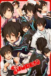  animal_ears bespectacled black_hair blush boots bow bowtie brown_eyes bunny_ears character_name coat cosplay cravat glasses gloves goggles jude_mathis leon_magnus leon_magnus_(cosplay) look-alike male multiple_persona pants paw_pose pink_background polka_dot polka_dot_background ribbon rouki_isago shirtless smile tales_of_(series) tales_of_destiny tales_of_xillia 