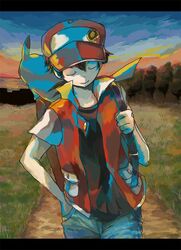  46g closed_eyes grass hand_in_pocket hat pikachu pokemon pokemon_(game) pokemon_rgby red_(pokemon) red_(pokemon)_(classic) vest 