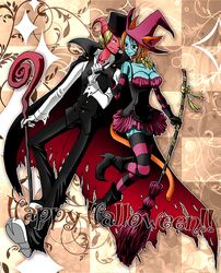  1girl blonde_hair blue_skin boots breasts broom cape cleavage devil formal gloves hair_over_one_eye halloween happy_halloween hat horns large_breasts nami one_piece orange_hair red_skin sanji scar smile staff stitches striped striped_legwear thighhighs top_hat torn_clothes witch witch_hat yamadaenako 