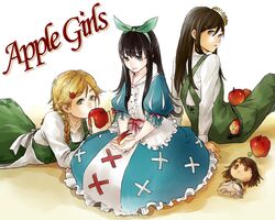  apple apron black_hair bunny elysion food fruit hime_cut idoko long_hair marchen multiple_girls overalls rabbit schneewittchen sound_horizon yatsuki_gin yield 