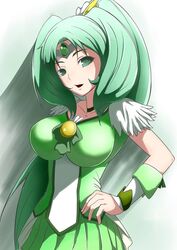  bike_shorts breasts choker cure_march dress green_eyes green_hair impossible_clothes impossible_shirt large_breasts long_hair magical_girl midorikawa_nao miyashiro_nana-san_yonban ponytail precure skirt smile smile_precure! solo standing tiara white_background 