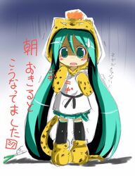  1girl absurdly_long_hair animal_costume hatsune_miku looking_at_viewer open_mouth shichinose skirt solo spring_onion sweatdrop tail tiger_costume tiger_print tiger_tail translation_request twintails vocaloid 