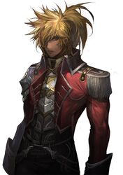  blonde_hair coat epaulettes green_eyes heroes_lore_v male ponytail repi987 simple_background solo white_background 