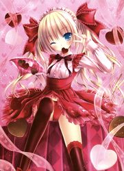  absurdres black_legwear blonde_hair blue_eyes bow bow_panties child chocolate chocolate_heart dress hair_bow heart highres loli lolita_hairband lolita_headband long_hair long_sleeves looking_at_viewer misawa_maho nail_polish panties pantsu pantyshot pantyshot_(sitting) pantyshot_sitting red_panties ribbon rou-kyuu-bu! single_kneeehigh single_thighhigh sitting solo thigh-highs thighhighs tinker_bell tinkle twintails underwear v valentine wink 