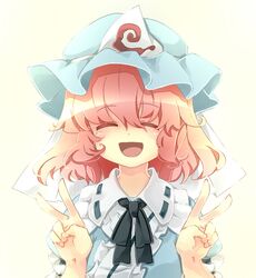  closed_eyes double_v eyes_closed hat japanese_clothes open_mouth pink_hair saigyouji_yuyuko short_hair smile solo touhou triangular_headpiece tsukino-p v 